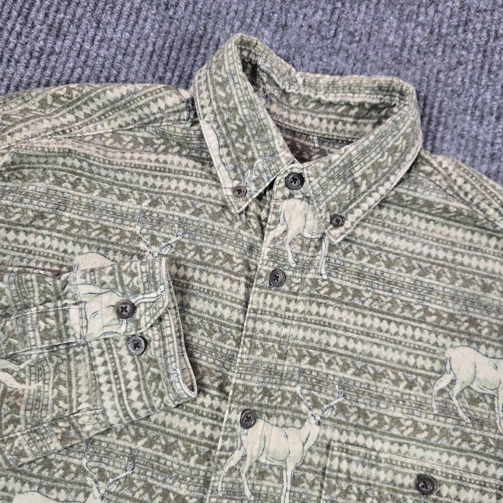 Woolrich Shirt Mens Medium Green Deer Hunt Print Flannel Long Sleeve Button Up